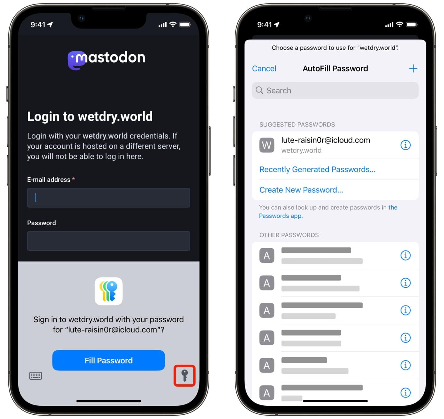 Filling in saved passwords
