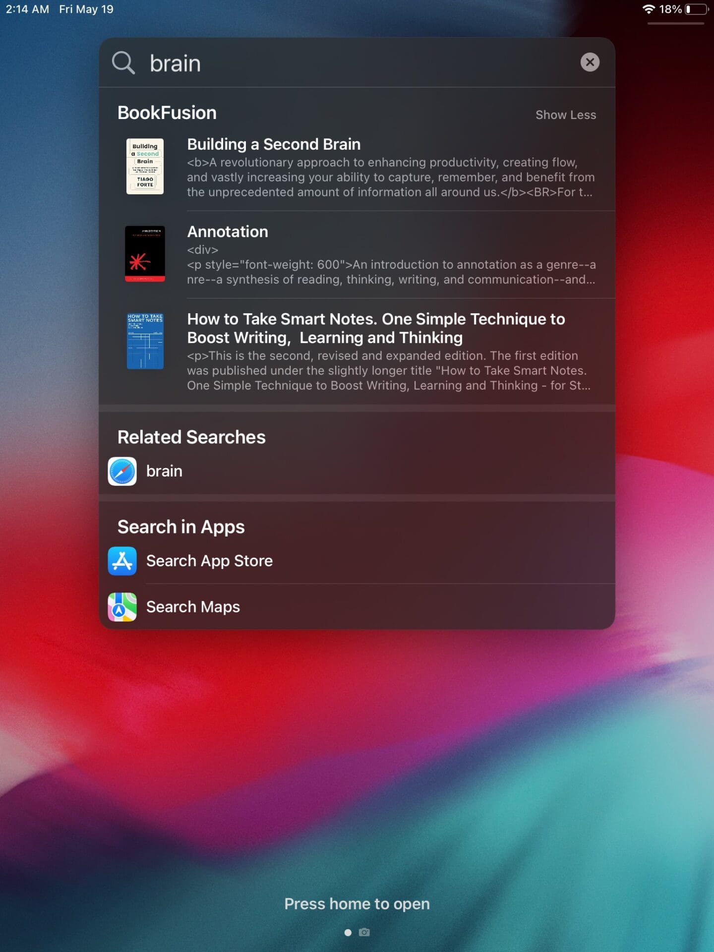 Screenshots shows BookFusion showing up in Spotlight Search results.