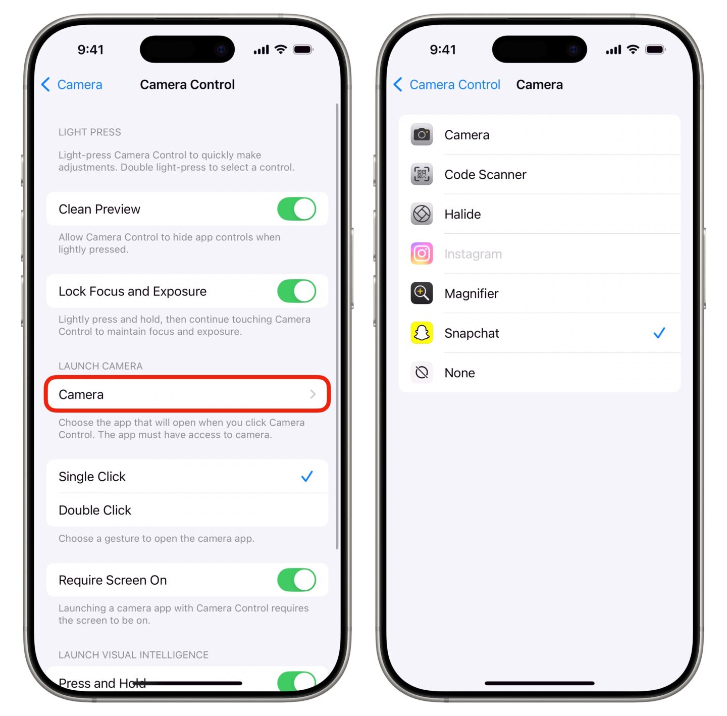 Switching the default camera app for the Camera Control in Settings