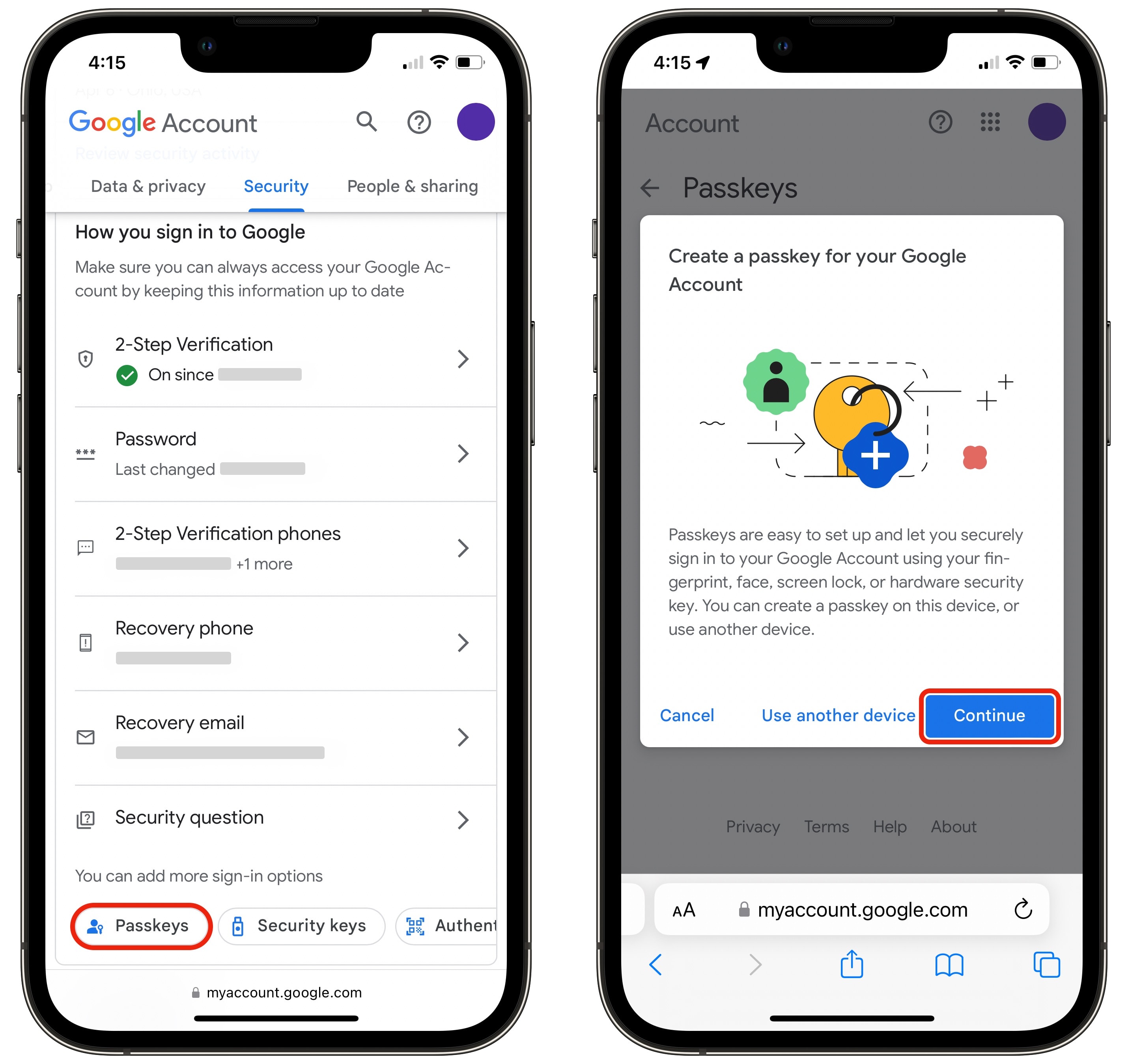 Add Passkeys to Google account
