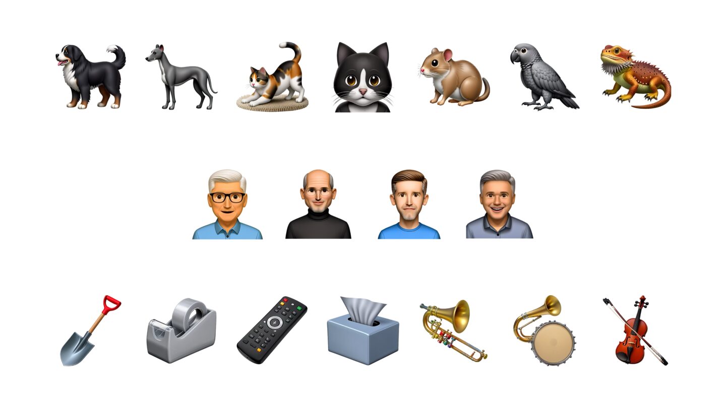 Examples of Genmoji: dogs, cats and various animals; Apple executives and various objects (including several poorly rendered trombones)