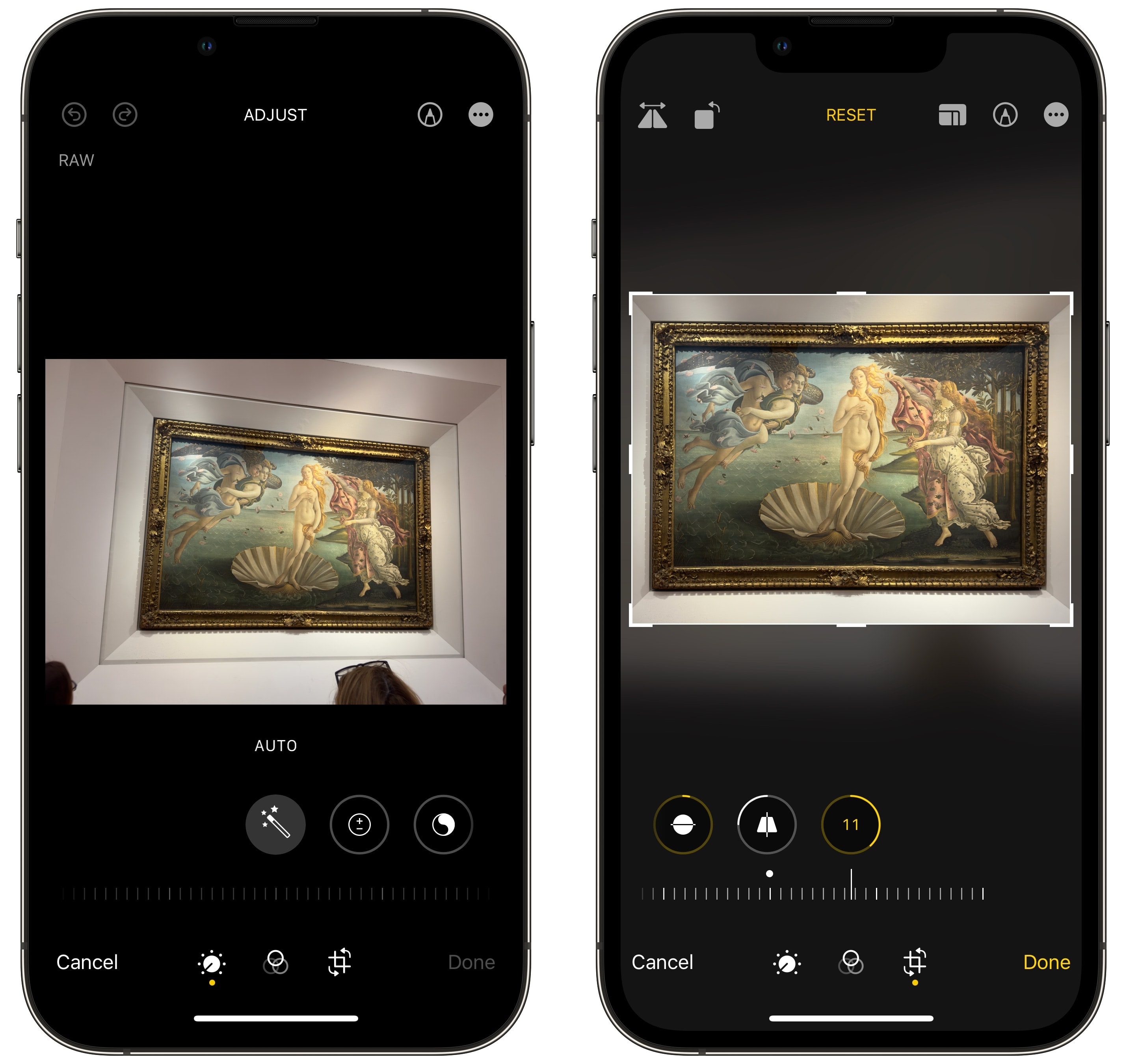 Adjusting an off-center shot of The Birth of Venus to be perfectly centered