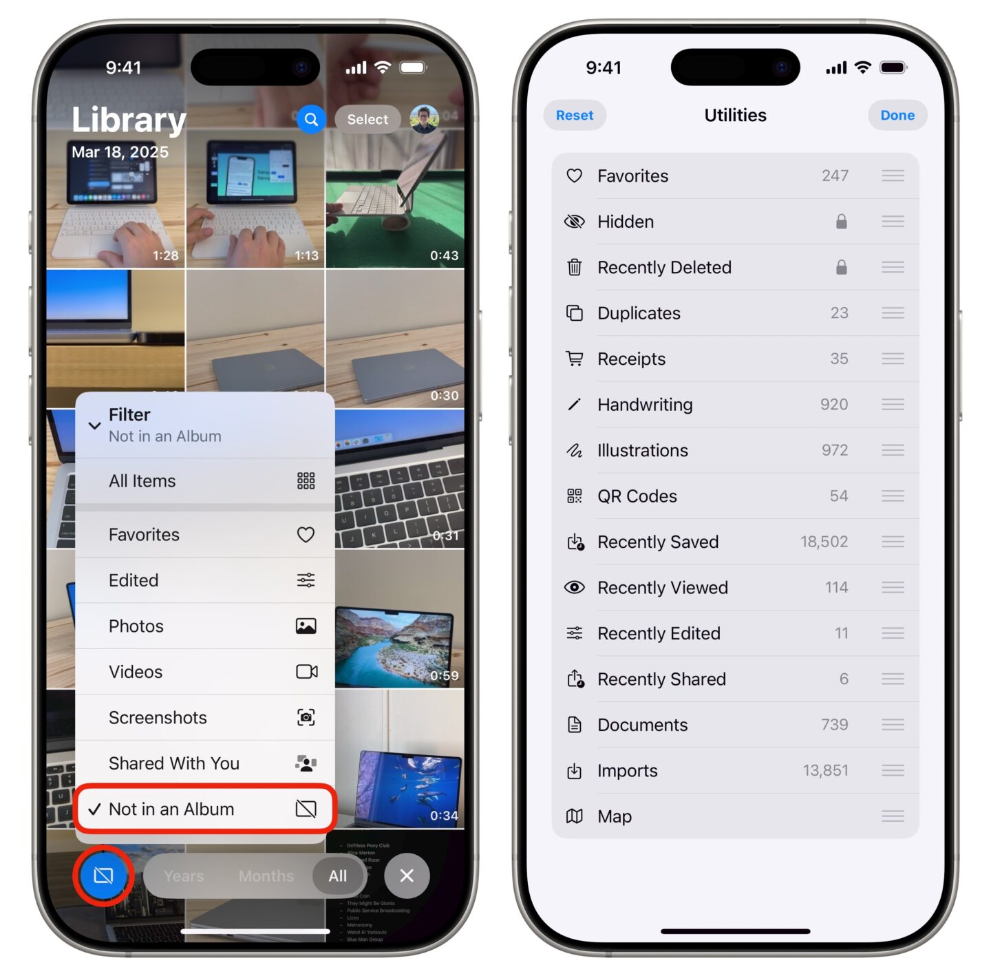 New features in Photos: Filtering photos by Not in an Album and reordering Utilities items.