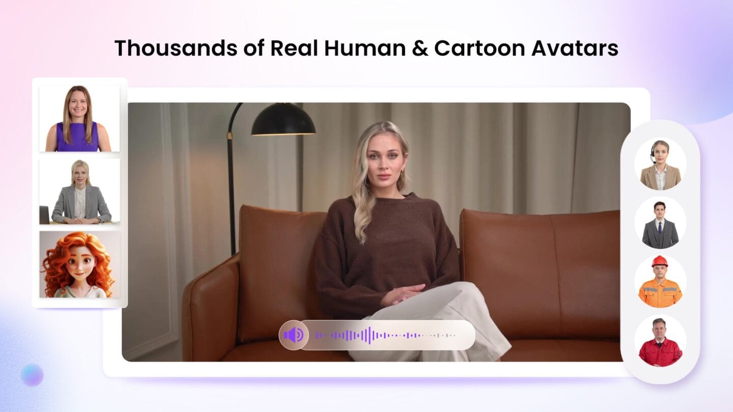 Image headlined "Thousands of real human & cartoon avatars," with a picture of an AI-generated woman sitting on a couch.