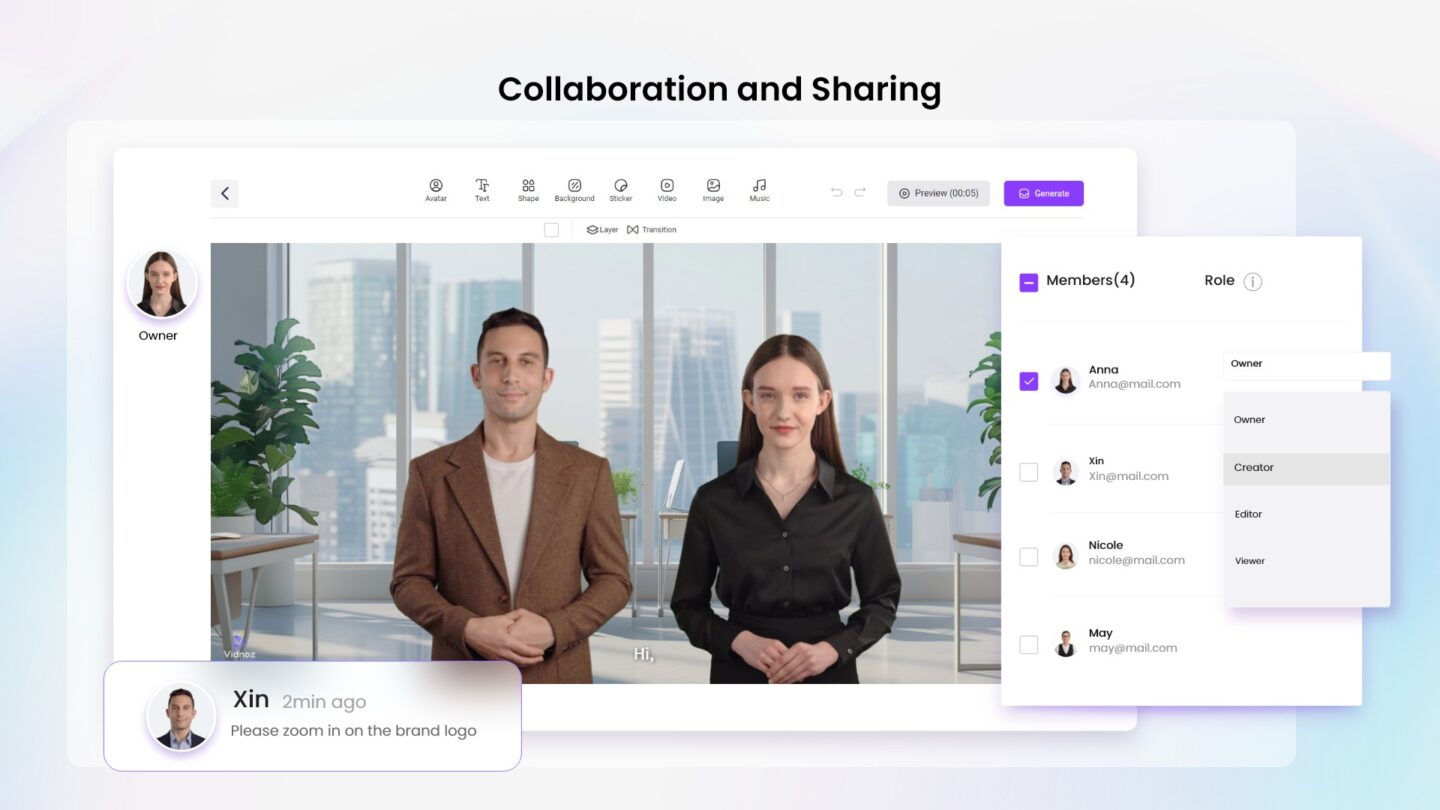 An image of two avatars on a screen with the headline "Collaboration and sharing"