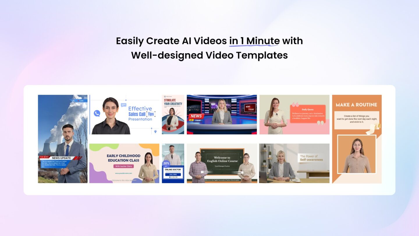 Image showing Vidnoz AI templates, with the headline, "Easily create AI videos in 1 minute with well-designed video templates"