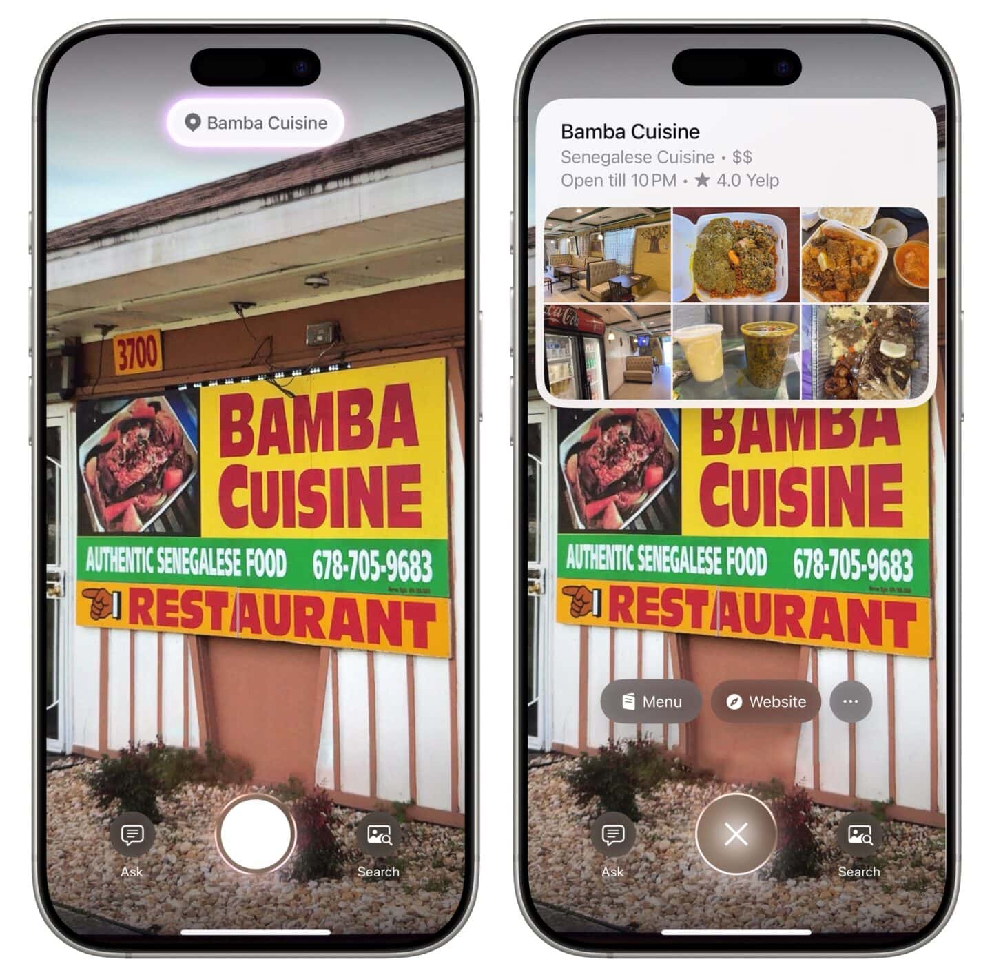 Looking up a restaurant with Visual Intelligence