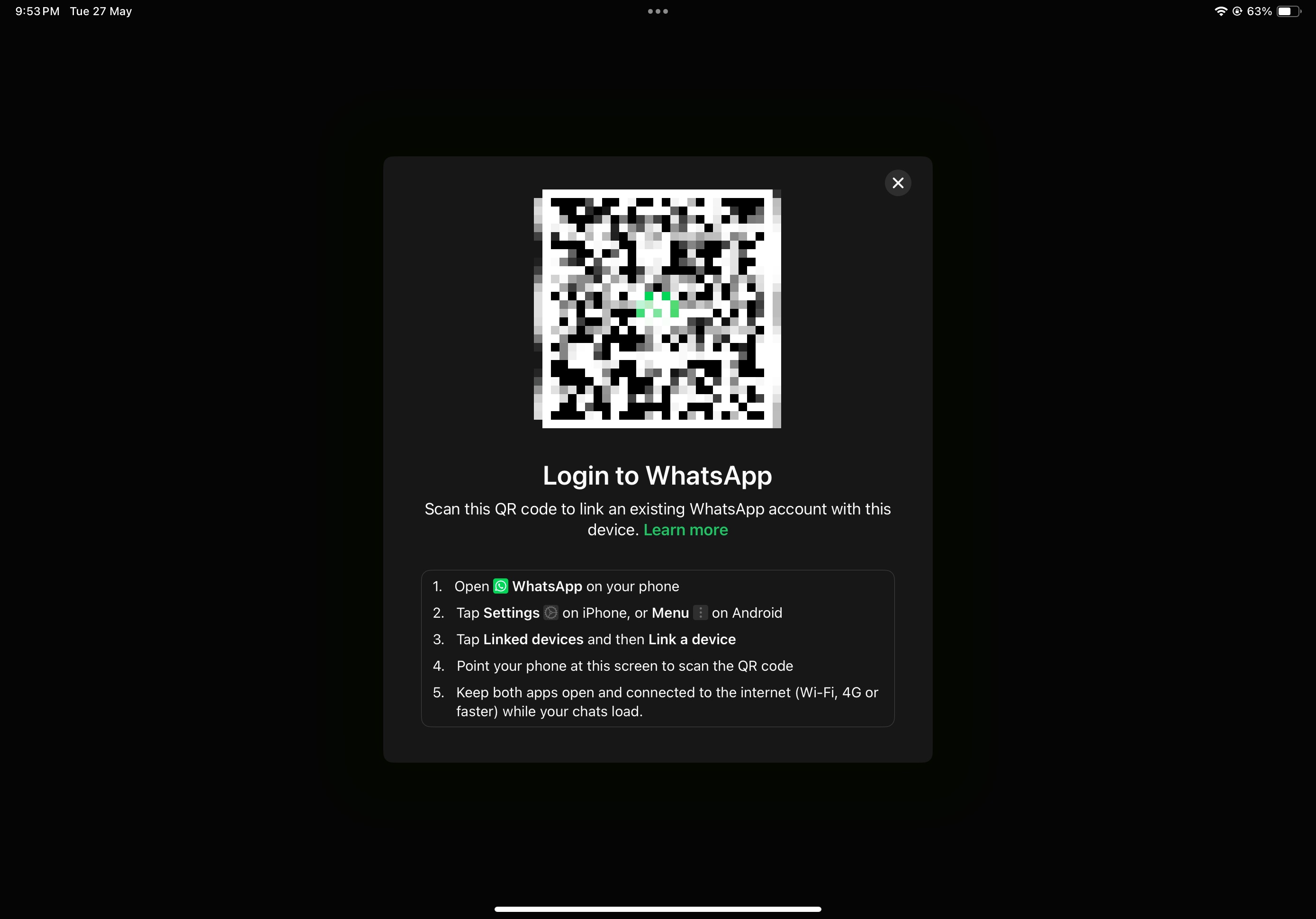 WhatsApp for iPad initial setup screen