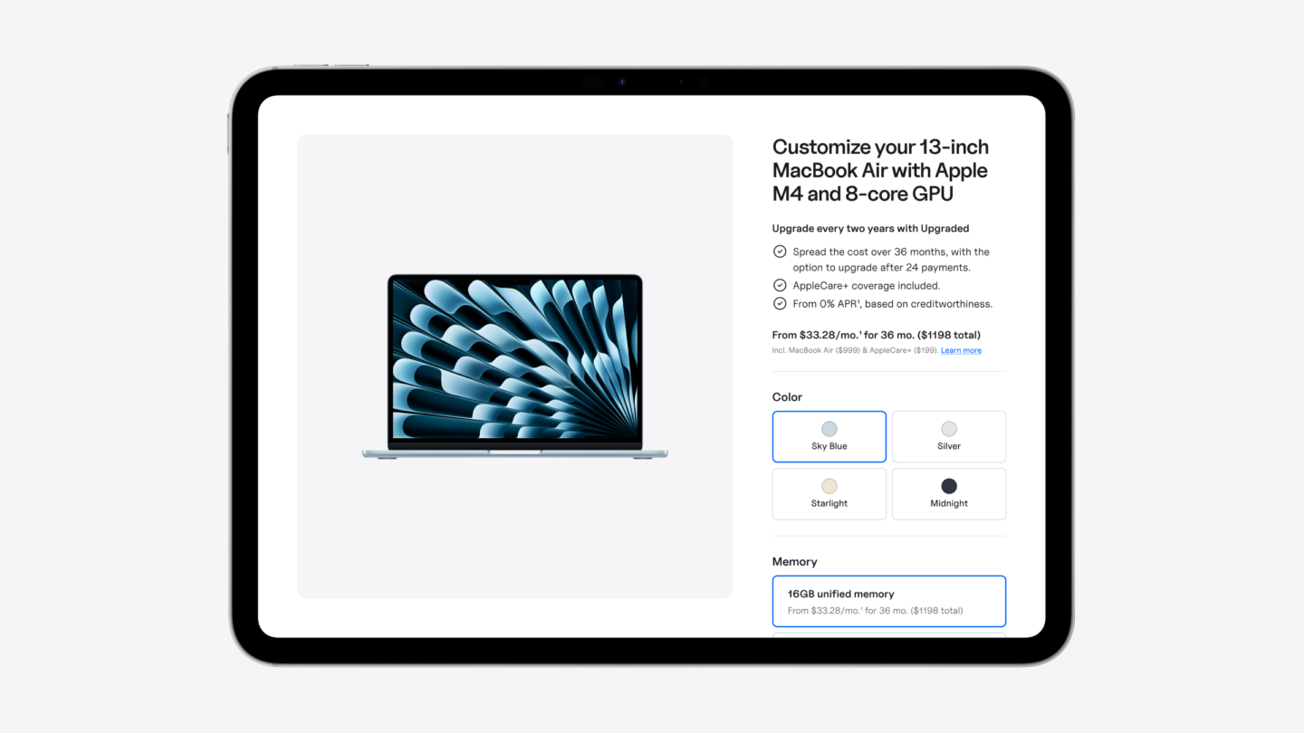 An iPad showing the Upgraded app, on a screen that says "Customize your 13-inch MacBook Air with Apple M4 and 8-core GPU."