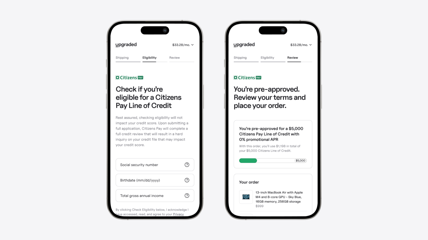 Screenshots showing the Upgraded app on an iPhone, where you can check to see if you're eligible for a line of credit and see if you're preapproved.