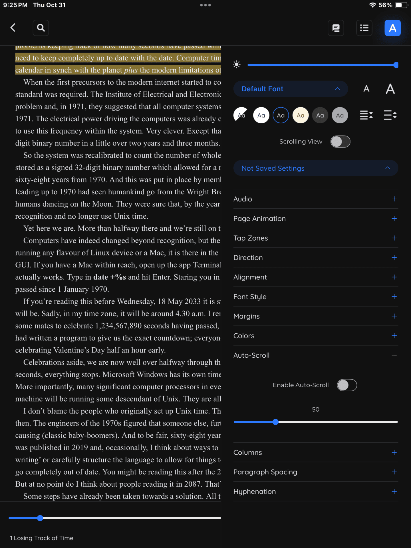 Screenshot showing BookFusion's Auto-Scroll feature