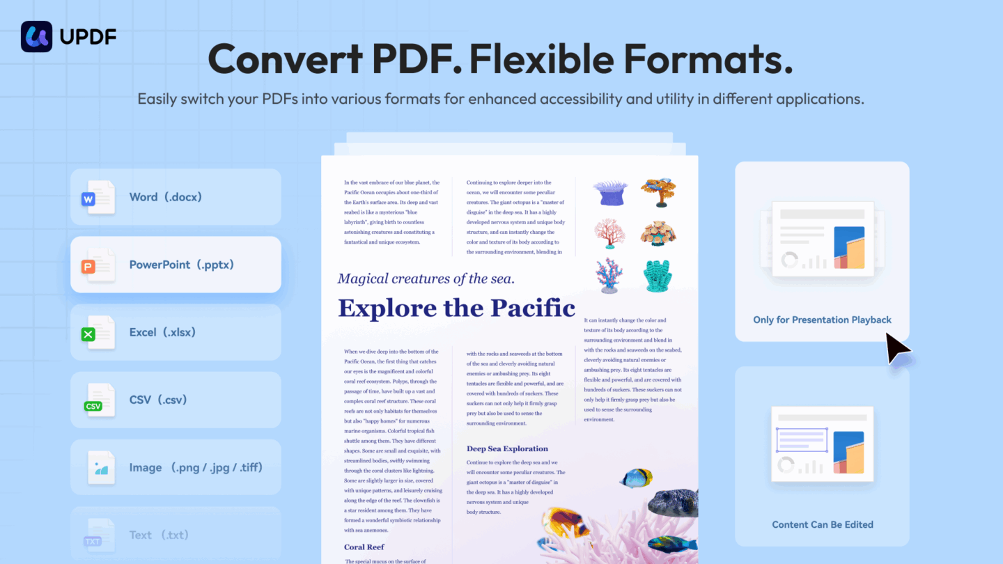 A UPDF marketing image showing text on a screen, with the headline "Convert PDF. Flexible formats."