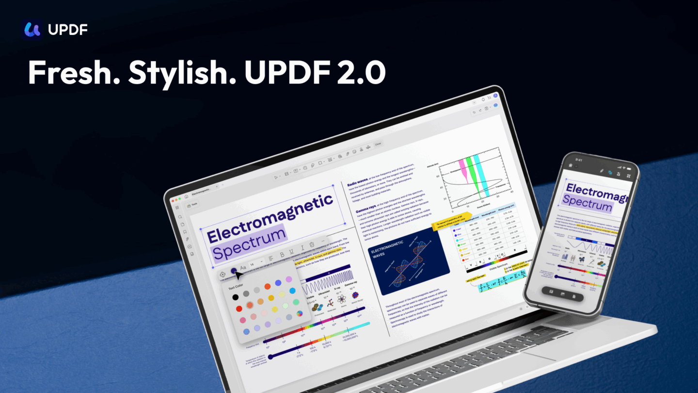 A marketing image for UPDF PDF editing software showing an iPhone and a MacBook. The headline reads, "Fresh, stylish, UPDF 2.0."
